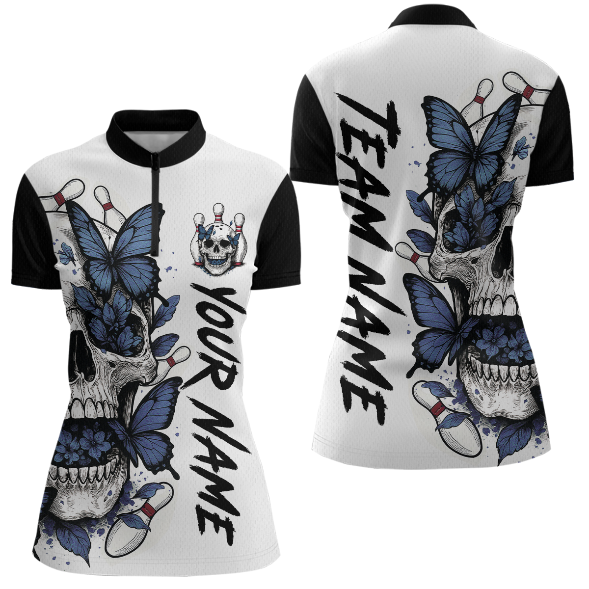 Blue Butterfly Skull Bowling Women Bowling Shirt Polo & Quarter-Zip Bowling Team Jerseys HNT80