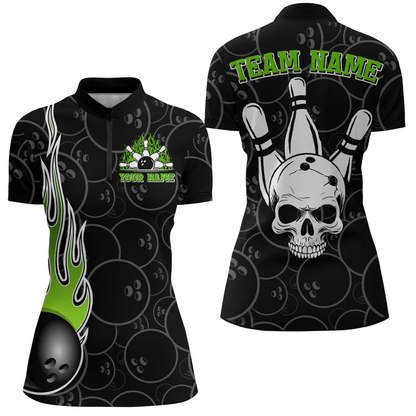 Women Skull Bowling Jersey Custom Bowling Team Shirts Unisex Bowling Women Short Sleeve Quarter-zip Shirt CP30