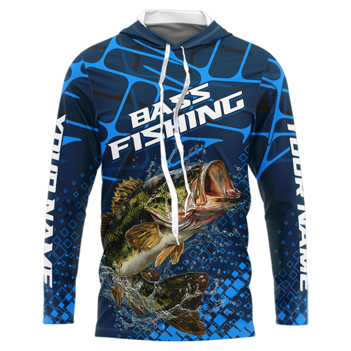 Largemouth Bass Fishing, Fishing Shirts Long Sleeve Hooded, Fishing Gift  | Blue NHT385