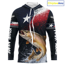 Load image into Gallery viewer, Custom Vintage Brown Trout Long Sleeve Hooded Patriotic Fishing Shirt For Men, Trout Texas Flag Fishing Shirt NHT767