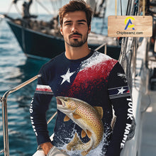 Load image into Gallery viewer, Custom Vintage Brown Trout Long Sleeve Patriotic Fishing Shirt For Men, Trout Texas Flag Fishing Shirt NHT767