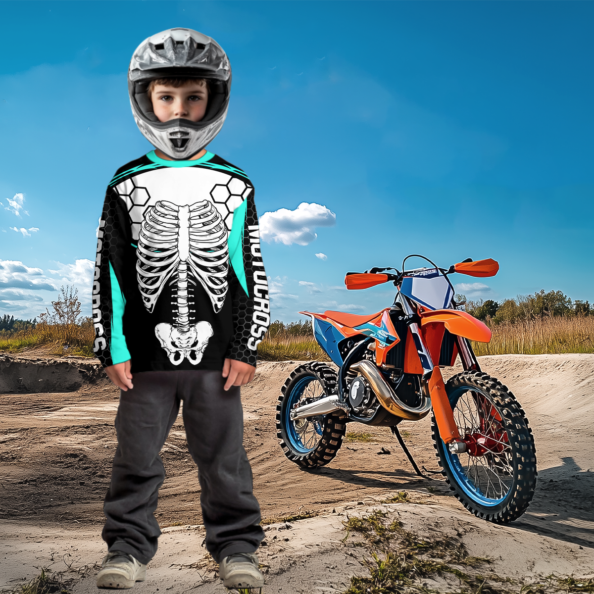 Turquoise Bone Motocross Racing Jersey UPF30+ MX Racing Dirt Bike Jersey Kid Men Women DNT01