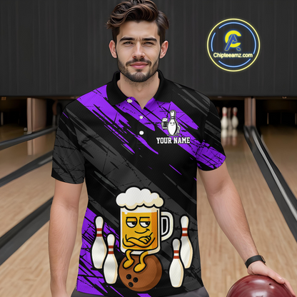 Custom Purple Funny Beer Bowling Jersey for Men Bowling Uniform Polo & 1/4 Zip Bowling Team Shirts HNT107