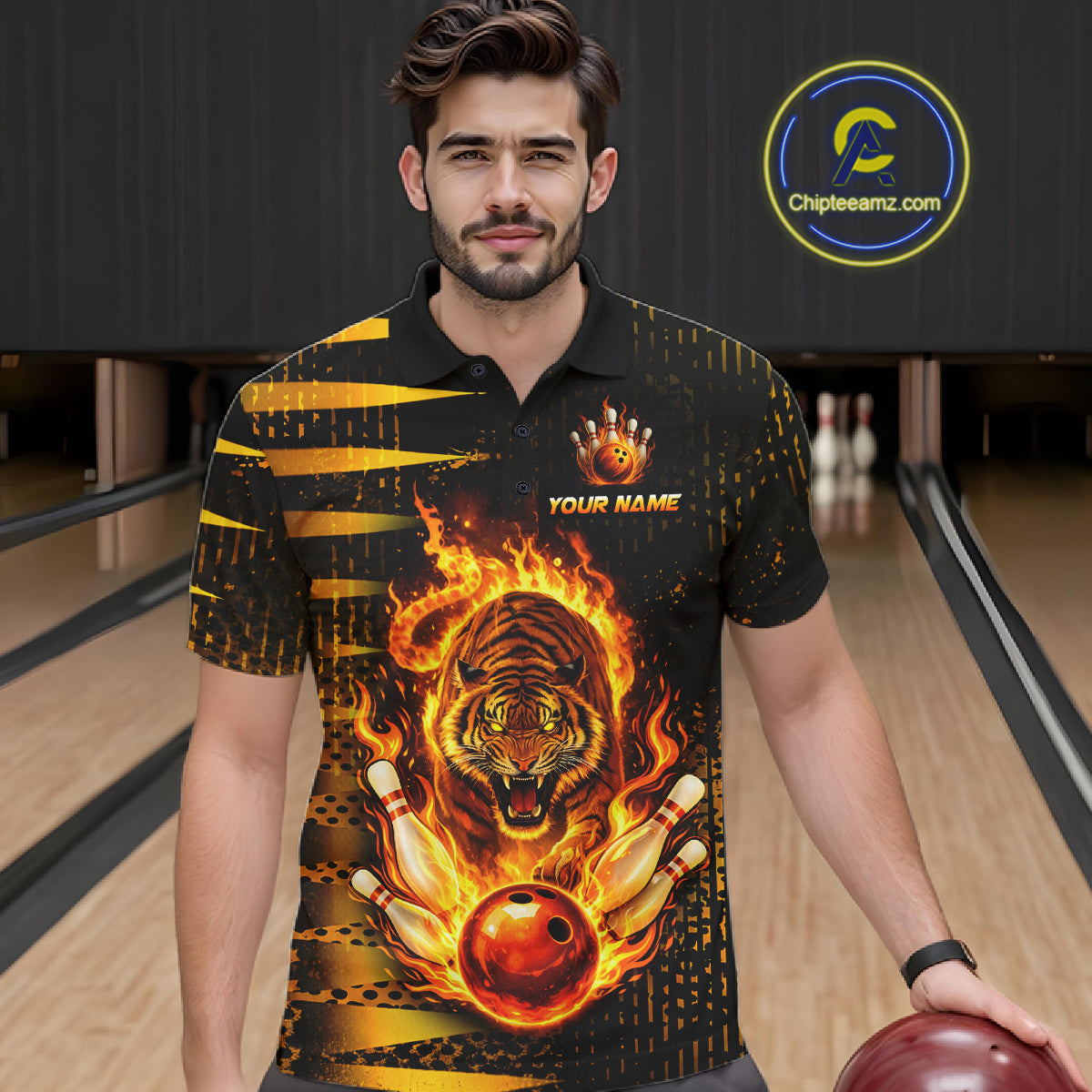 Custom Flame Tiger Bowling Team Jersey Bowling Shirt for Men Bowling League Polo & 1/4 Zip HNT201