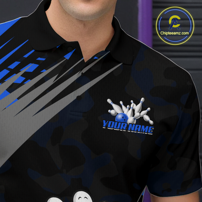 Custom Blue Funny Bowling Shirt Crazy Bowling Jersey Men Polo & 1/4 Zip Bowling Outfit QZT785