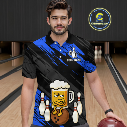 Custom Blue Funny Beer Bowling Jersey for Men Bowling Uniform Polo & 1/4 Zip Bowling Team Shirts HNT107