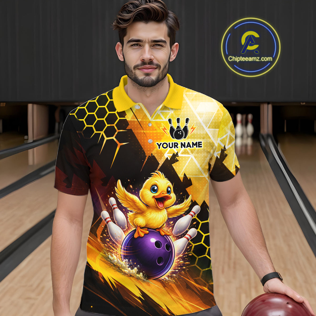 Custom Funny Duck Bowling Team Shirt for Men Yellow Bowling League Jersey Polo & 1/4 Bowling Outfit  QZT958