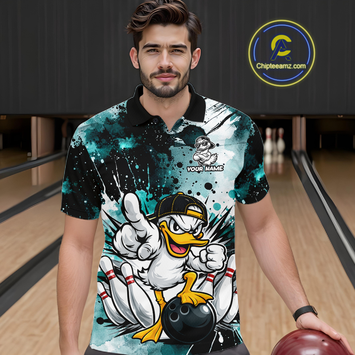 Custom Teal Funny Duck Bowling Jersey for Men Bowling Uniform Polo & 1/4 Zip Bowling Team Shirts HNT237