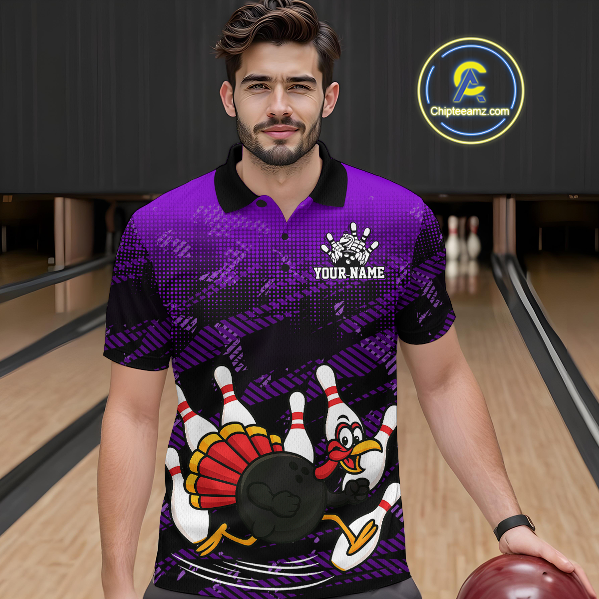 Custom Purple Funny Turkey Bowling Jersey for Men Thanksgiving Bowling Team Shirts Polo & 1/4 Zip HNT125