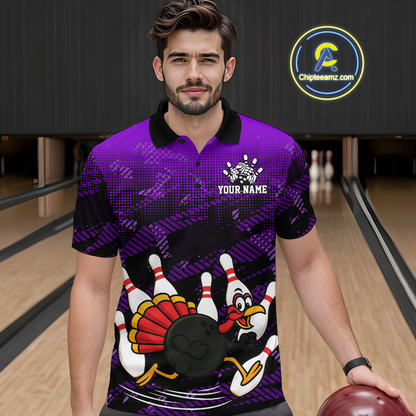Custom Purple Funny Turkey Bowling Jersey for Men Thanksgiving Bowling Team Shirts Polo & 1/4 Zip HNT125