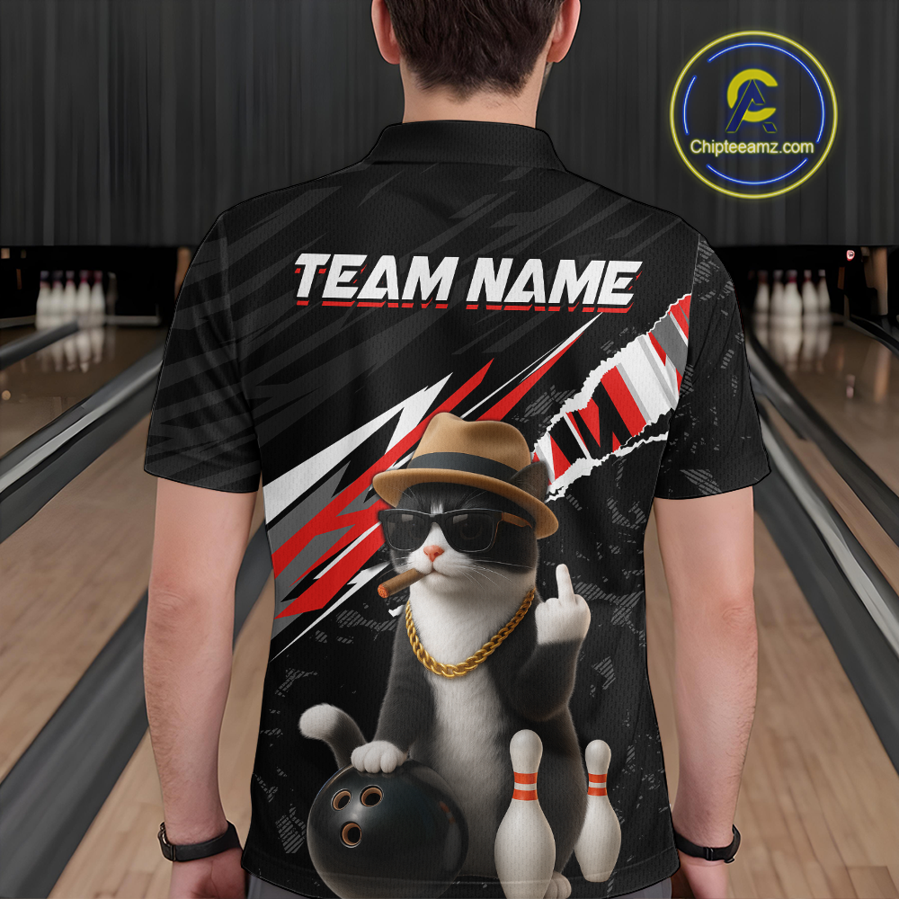 Custom Red Funny Cat Bowling Jersey for Men Bowling Shirt Polo & 1/4 Zip Bowling Team Shirts HNT136