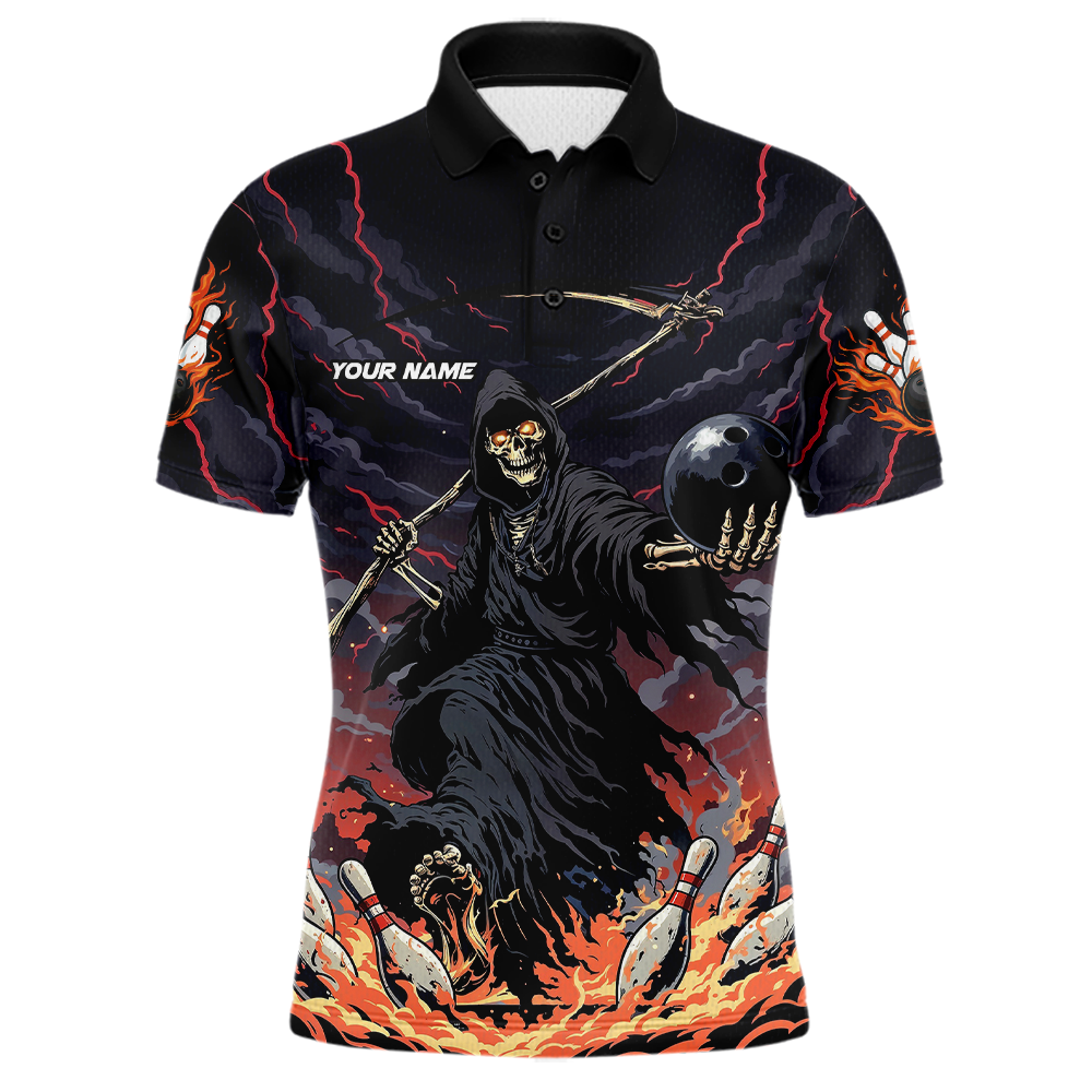 Custom Grim Reaper Flame Bowling Jersey for Men Bowling Team Shirts Polo & 1/4 Zip HNT193