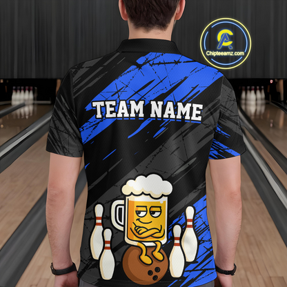 Custom Blue Funny Beer Bowling Jersey for Men Bowling Uniform Polo & 1/4 Zip Bowling Team Shirts HNT107