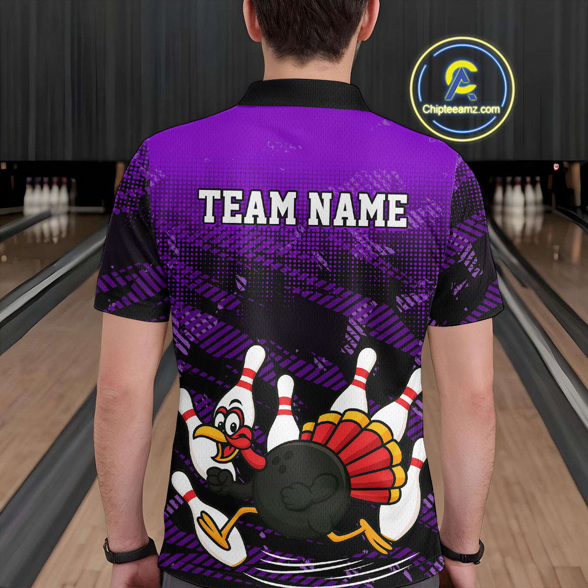 Custom Purple Funny Turkey Bowling Jersey for Men Thanksgiving Bowling Team Shirts Polo & 1/4 Zip HNT125