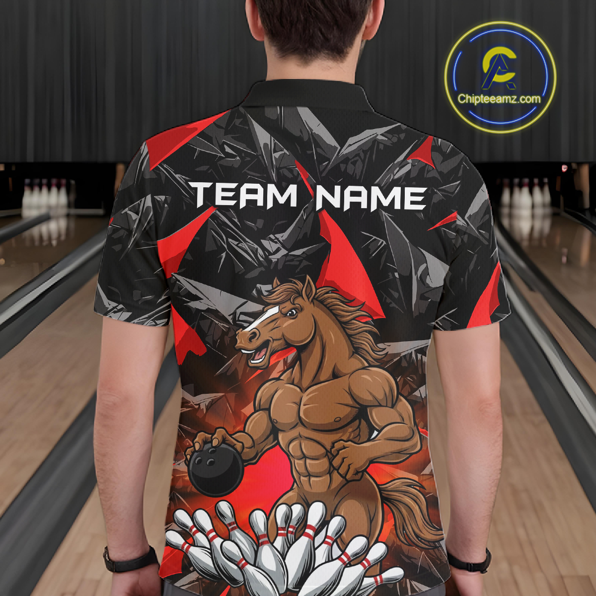 Custom Red Funny Horse Bowling Jersey for Men Bowling Team Shirts Bowling League Polo & 1/4 Zip HNT183