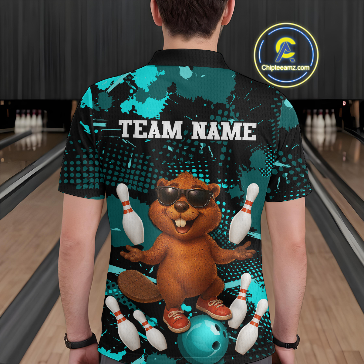 Custom Teal Funny Beaver Bowling Team Shirt Men Bowling League Jersey Polo Bowling Outfit QZT764