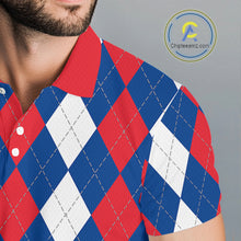 Load image into Gallery viewer, Mens golf polo shirt custom red, white and blue argyle plaid pattern golf attire for men NQS9847