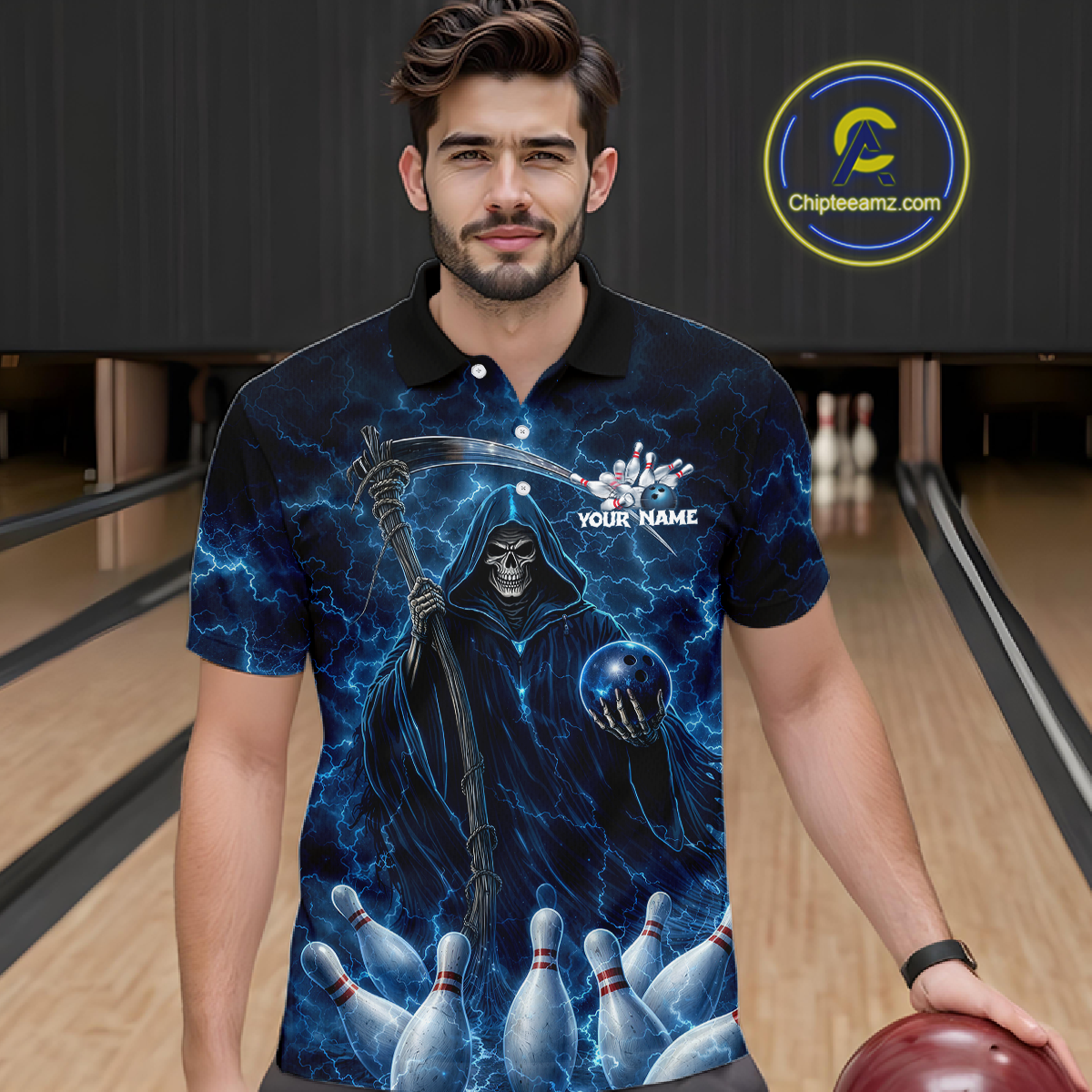 Blue Thunder Lightning Bowling Shirt for Men Bowling League Jersey Polo & Quarter-Zip Bowling Outfit QZT932