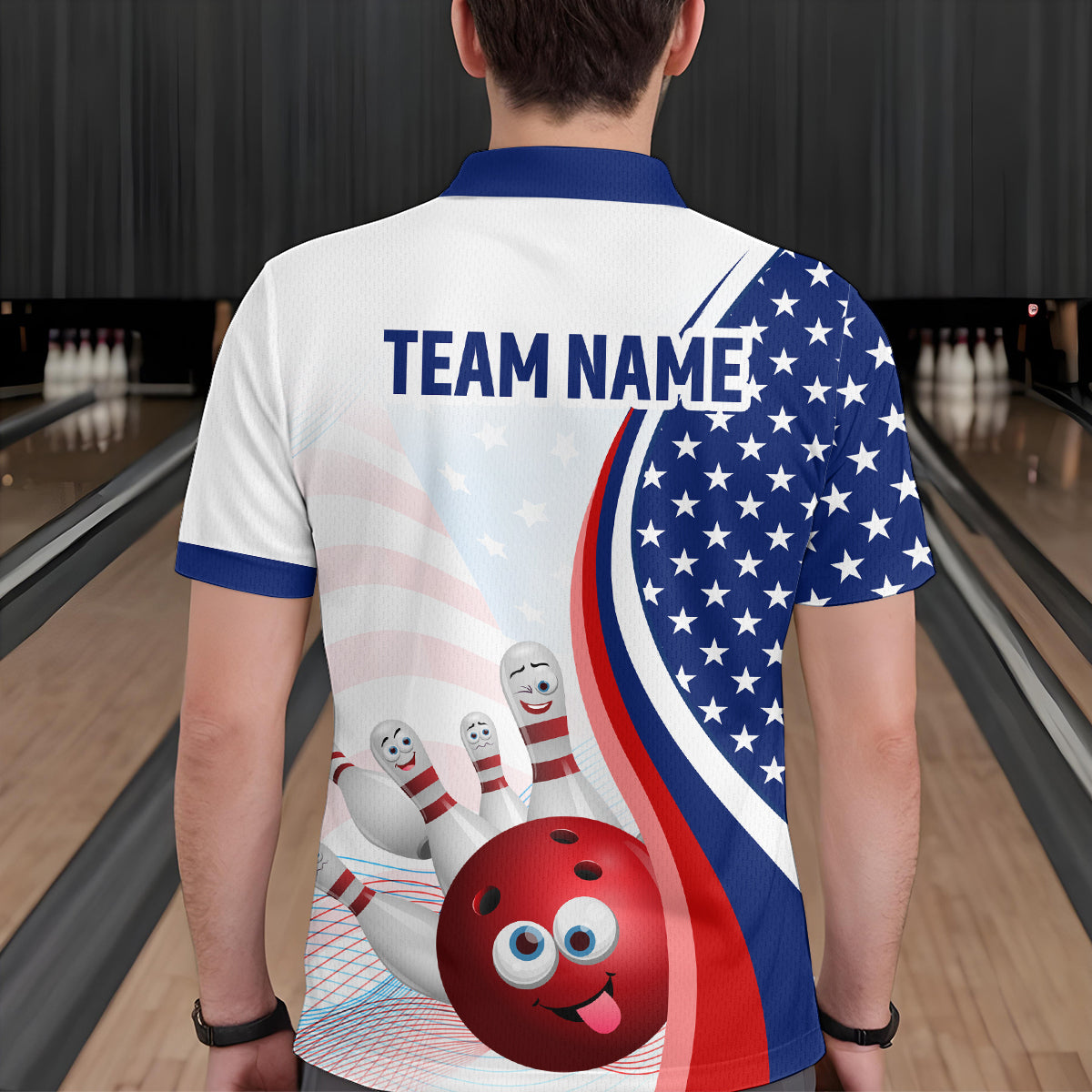 Personalized US Flag Funny Bowling Shirt for Men 3D Bowling Jersey Shirts Polo & Quarter-zip with Team HNT08
