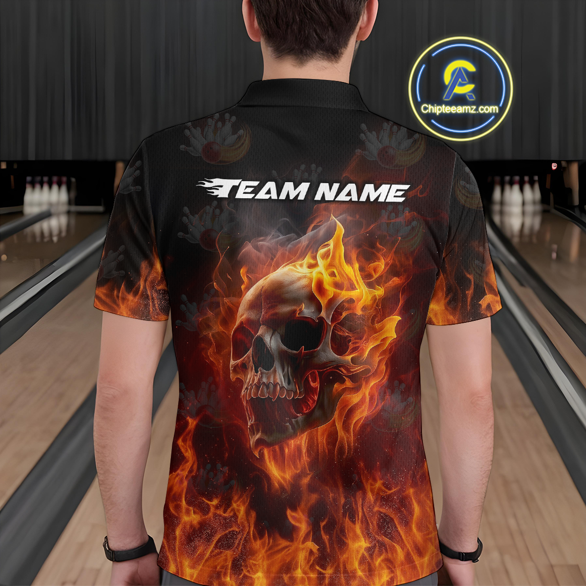 Custom Flame Skull Bowling Jersey for Men Bowling Uniform Polo & 1/4 Zip Bowling Team Shirts HNT112