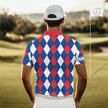 Load image into Gallery viewer, Mens golf polo shirt custom red, white and blue argyle plaid pattern golf attire for men NQS9847
