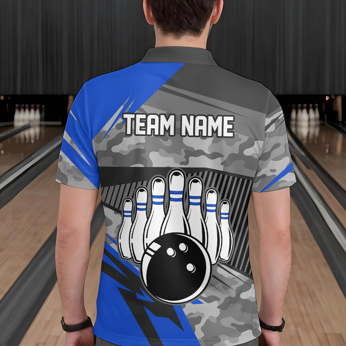 Blue Camo Bowling Shirts for Women Men Custom Team Bowling Polo & 1/4 Zip Shirt MBL61