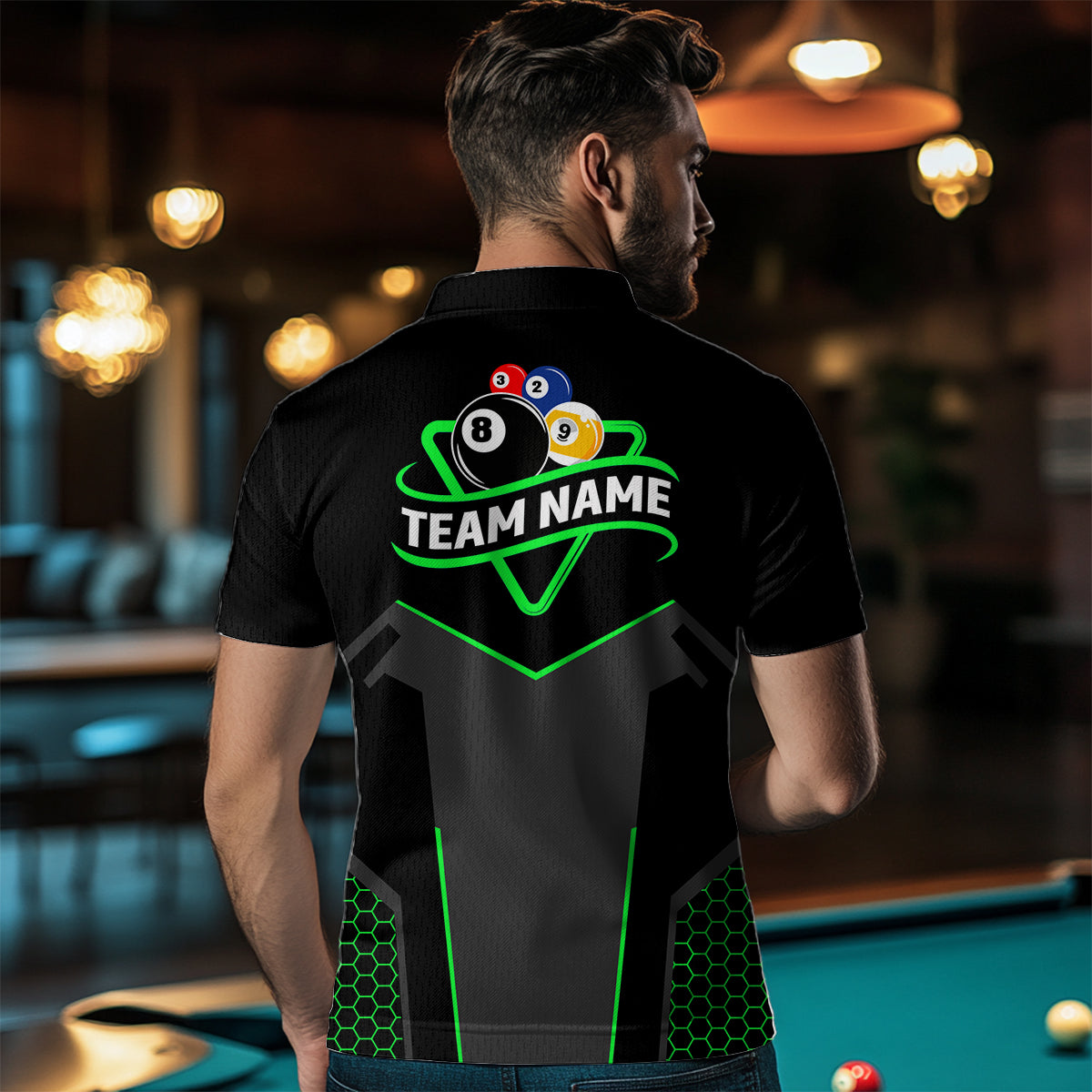 Personalized Billiard 8 Ball & 9 Ball Pool Polo, 1/4 Zip For Men Custom Team Billiard Jersey |Green TDM3581