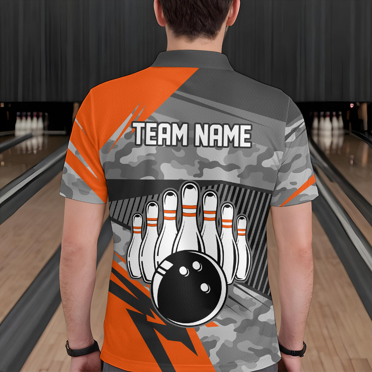 Orange Camo Bowling Shirts for Women Men Custom Team Bowling Polo & 1/4 Zip Shirt MBL61