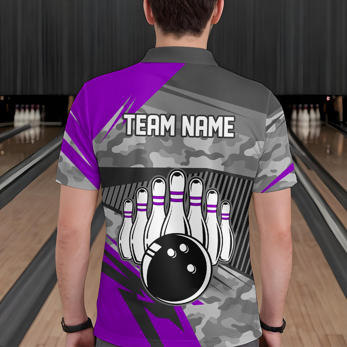 Purple Camo Bowling Shirts for Women Men Custom Team Bowling Polo & 1/4 Zip Shirt MBL61
