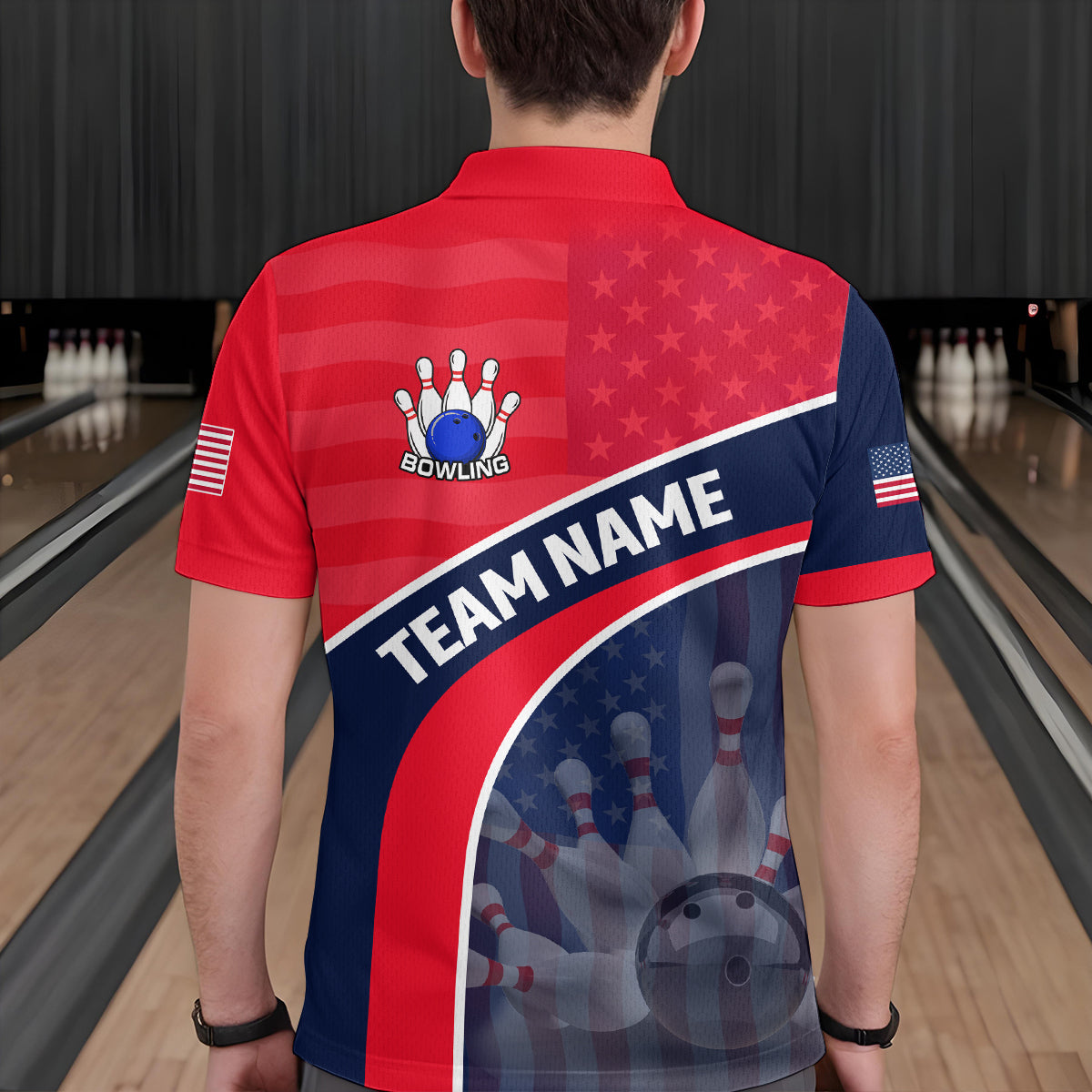 Personalized US Flag Bowling Jersey for Men Bowling Gifts Bowling Team Jersey with Name Polo & 1/4 Zip HNT28