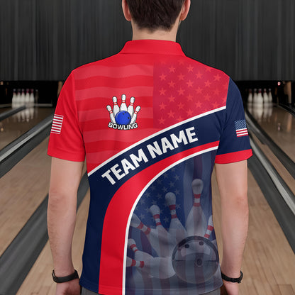 Personalized US Flag Bowling Jersey for Men Bowling Gifts Bowling Team Jersey with Name Polo & 1/4 Zip HNT28