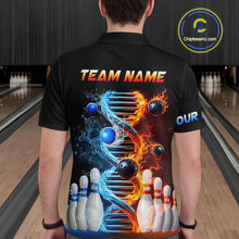 Load image into Gallery viewer, Man wearing custom ice and fire DNA bowling polo shirt, back view mockup, personalized bowling league jersey.