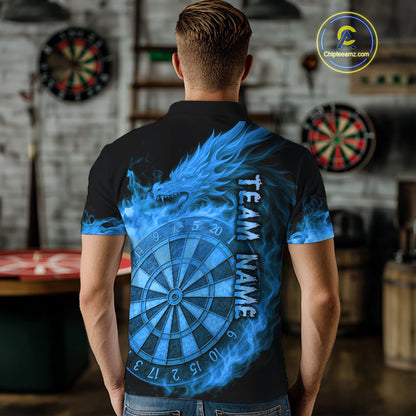 Personalized Blue Dartboard Dragon Flame Darts Shirt For Men Custom Dart Jerseys Polo & 1/4 Zip TDM4070
