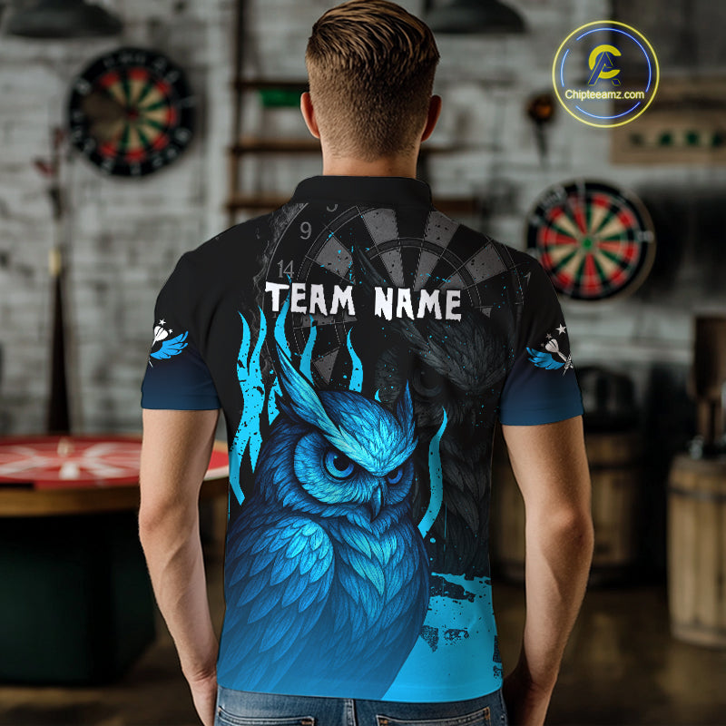 Men’s Darts Shirt With Navy Owl And Grunge Dartboard, Custom Name Option NYN0305