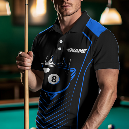 Customized Blue 8 Ball Pool Crown Men's Billiard Shirts, Billiard Team Shirts Polo & 1/4 Zip Shirts NNT37