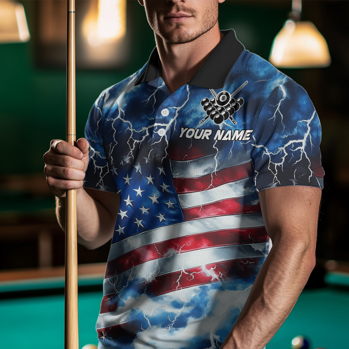 US Flag Thunder Billiards Shirt Men Polo & 1/4 Zip Shirts Billiard Team Jersey for Team NNT11