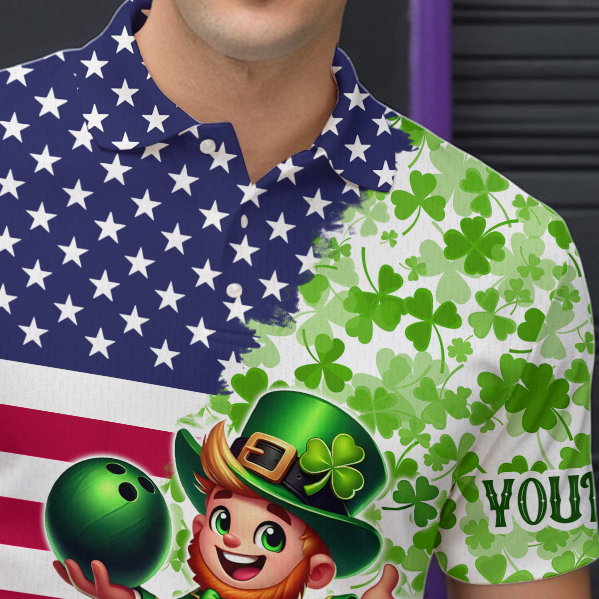 American flag St Patrick day shamrock pattern custom Team Bowling Polo, Quarter Zip shirt for Men NQS9581