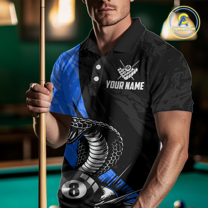 Custom Blue Cobra Snake 8 Ball Pool Billiard Shirts for Men Team Polo & 1/4 Zip Shirts NNT57
