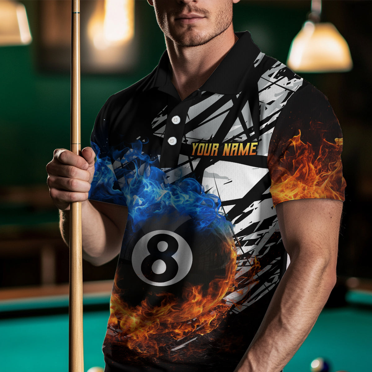 Custom Flame 8 Ball Billiard Shirts for Men Billiard Team Jerseys Polo & 1/4 Zip Shirts NNT46
