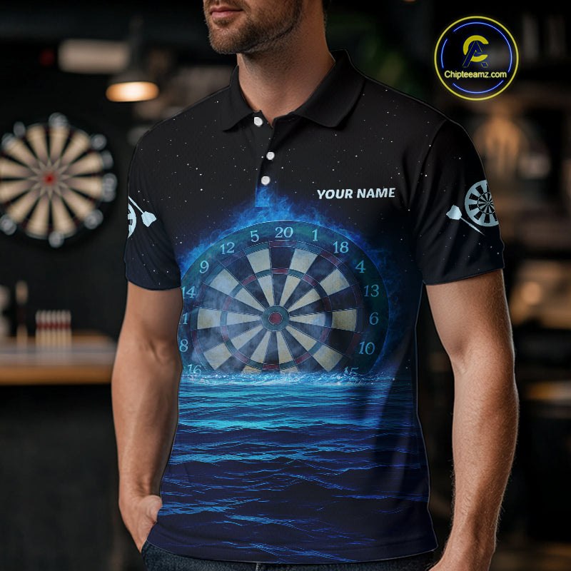 Men’s Personalized Darts Shirts With Navy Ocean, Stars Sky And Glowing Dartboard NYN0259