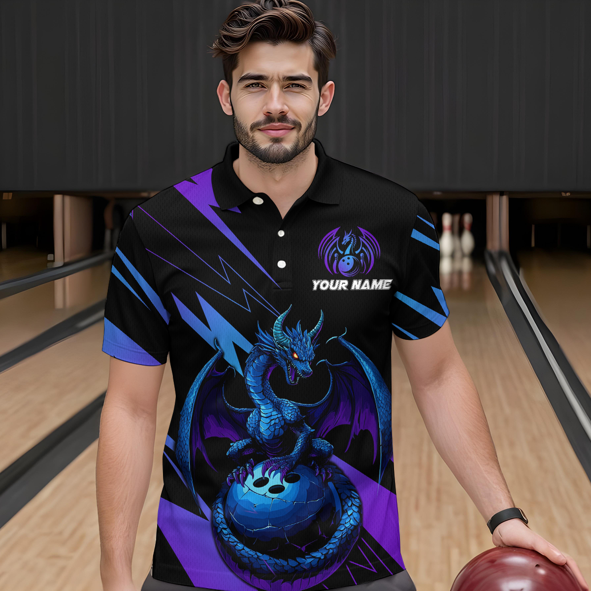 Teal And Purple Dragon Bowling Shirt Custom Name Bowling Jersey Team Bowling Polo Shirts QZT674