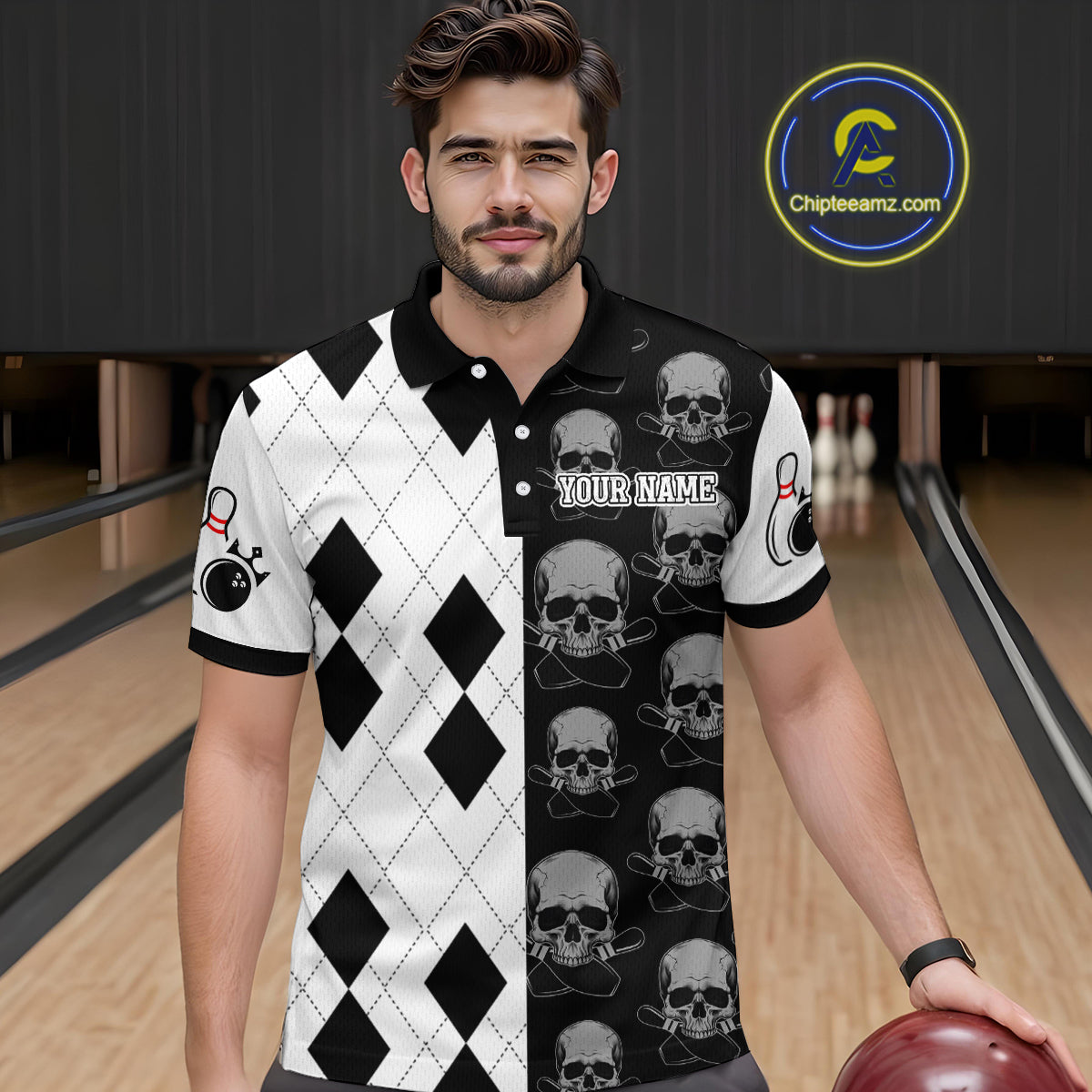 Black & White Bowling Shirt Custom Skull Polo Bowling Jersey Gift for Bowlers QZT693