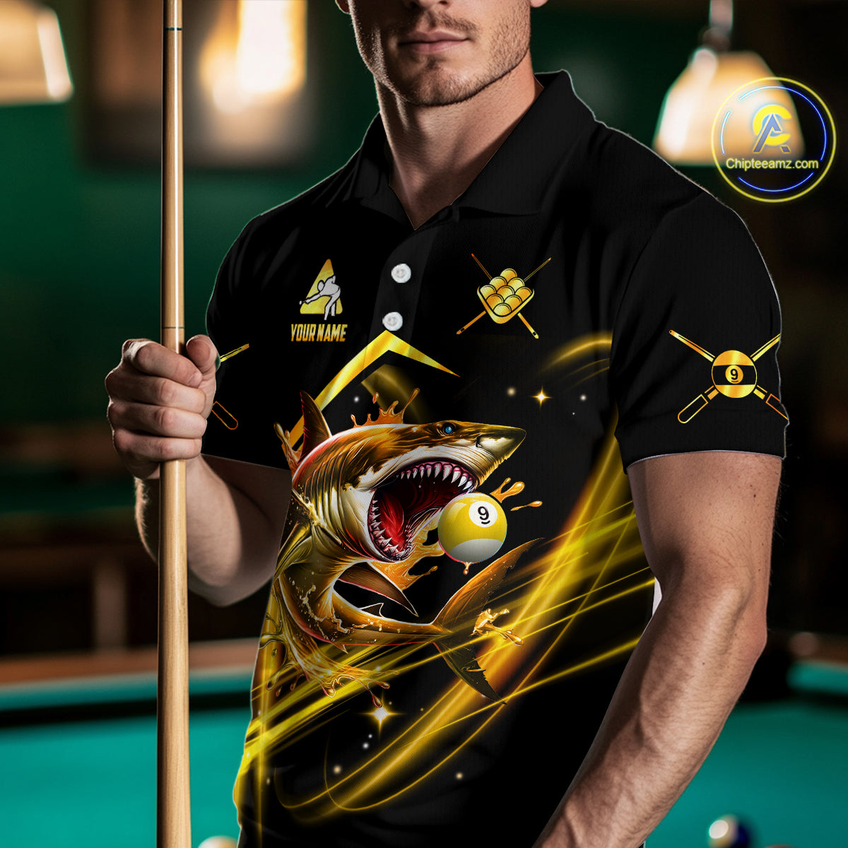 Yellow 9 Ball Pool Billiard Shark Polo & Quarter Zip For Men Custom Team League Billiard Jerseys TDM4475