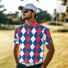 Load image into Gallery viewer, Mens golf polo shirt custom red, white and blue argyle plaid pattern golf attire for men NQS9847