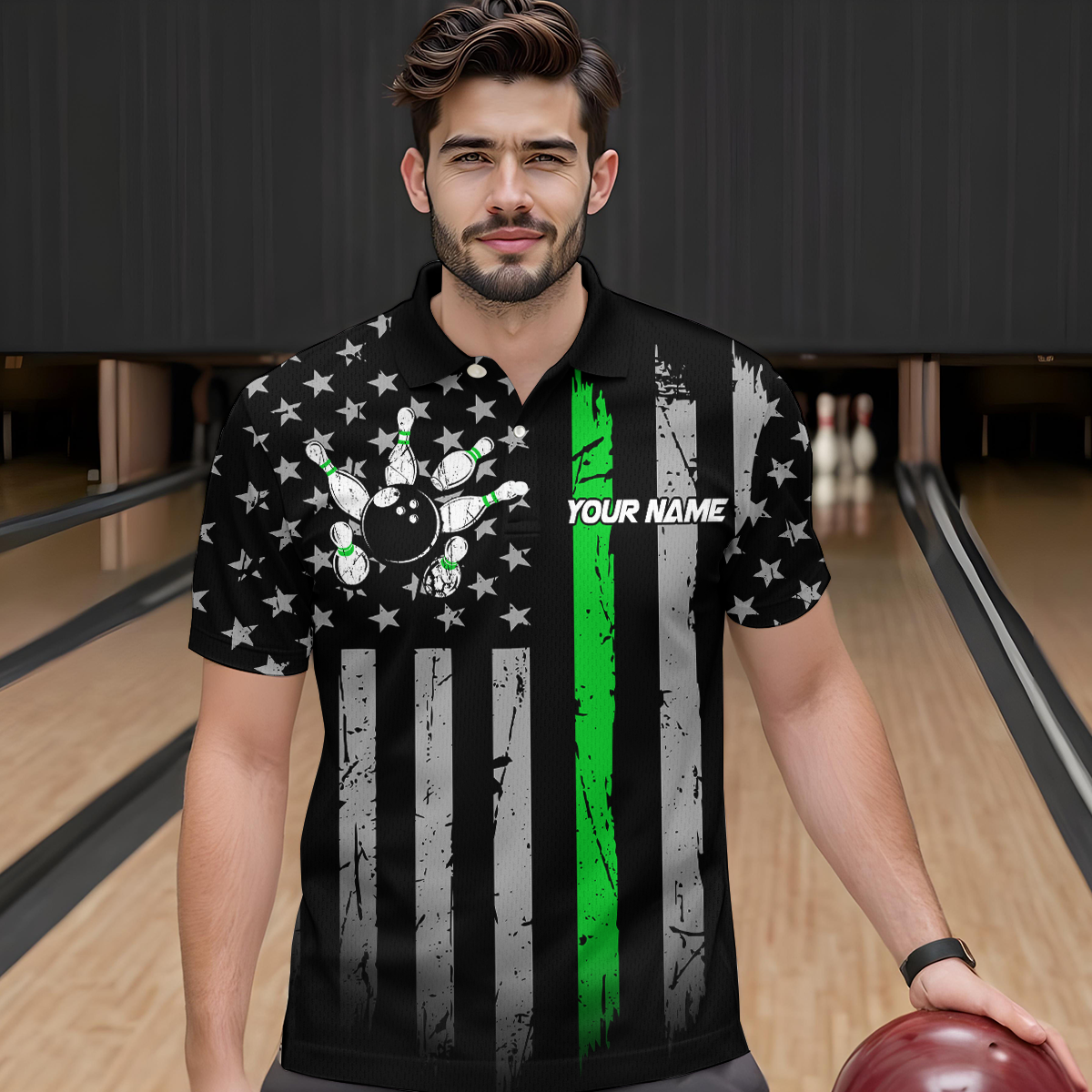 US Green Flag Bowling Shirt for Men Custom Name Polo & Quarter-Zip Bowling Jersey Bowling Team Shirt HNT23