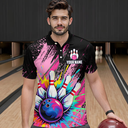 Custom Pink Bowling Shirt for Women Men Bowling Water Color Bowling Polo & 1/4 Zip Shirts MBL37