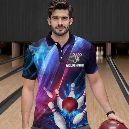Personalized Galaxy Bowling Pins and Ball Shirt Blue & Purple Neon Polo Bowling Team League QZT664