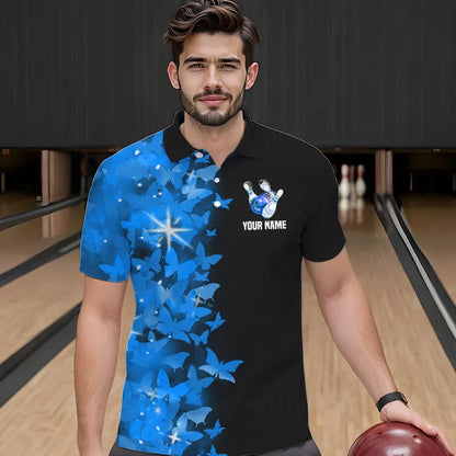 Blue Butterfly Bowling Polo Shirts For Men Women Custom Bowling Jersey Team BDT505