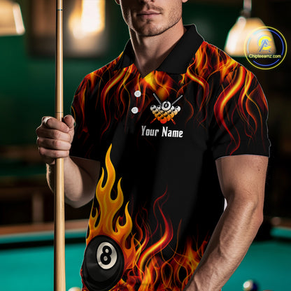 Orange 8 Ball Flame Fire Billiard Shirts For Men Custom Polo & 1/4 Zip Billiard Team Jerseys TDM4012