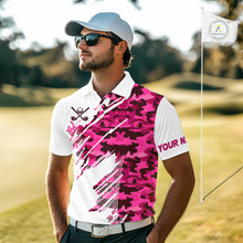 Load image into Gallery viewer, Personalized Mens golf polo shirts custom white and pink camo mens golf apparel, golfing gifts NQS10335